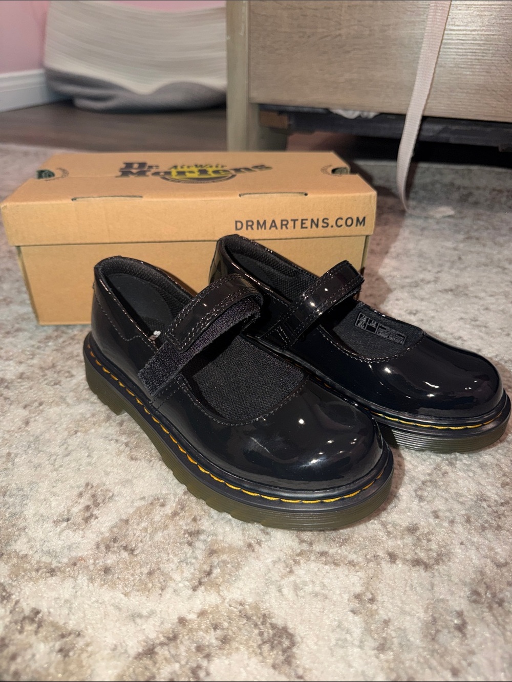 Dr. Martens Kids Black Patent Mary Jane with Yellow Stitching